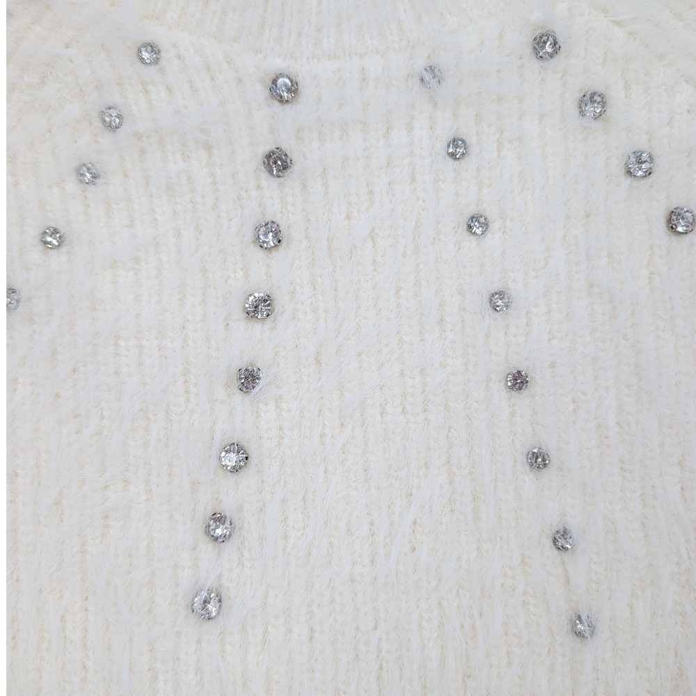Muse Short Sleeve Fuzzy Crystal Embellished Sweater XS Ivory‎ Coquette 90s Glam - Picture 5 of 14